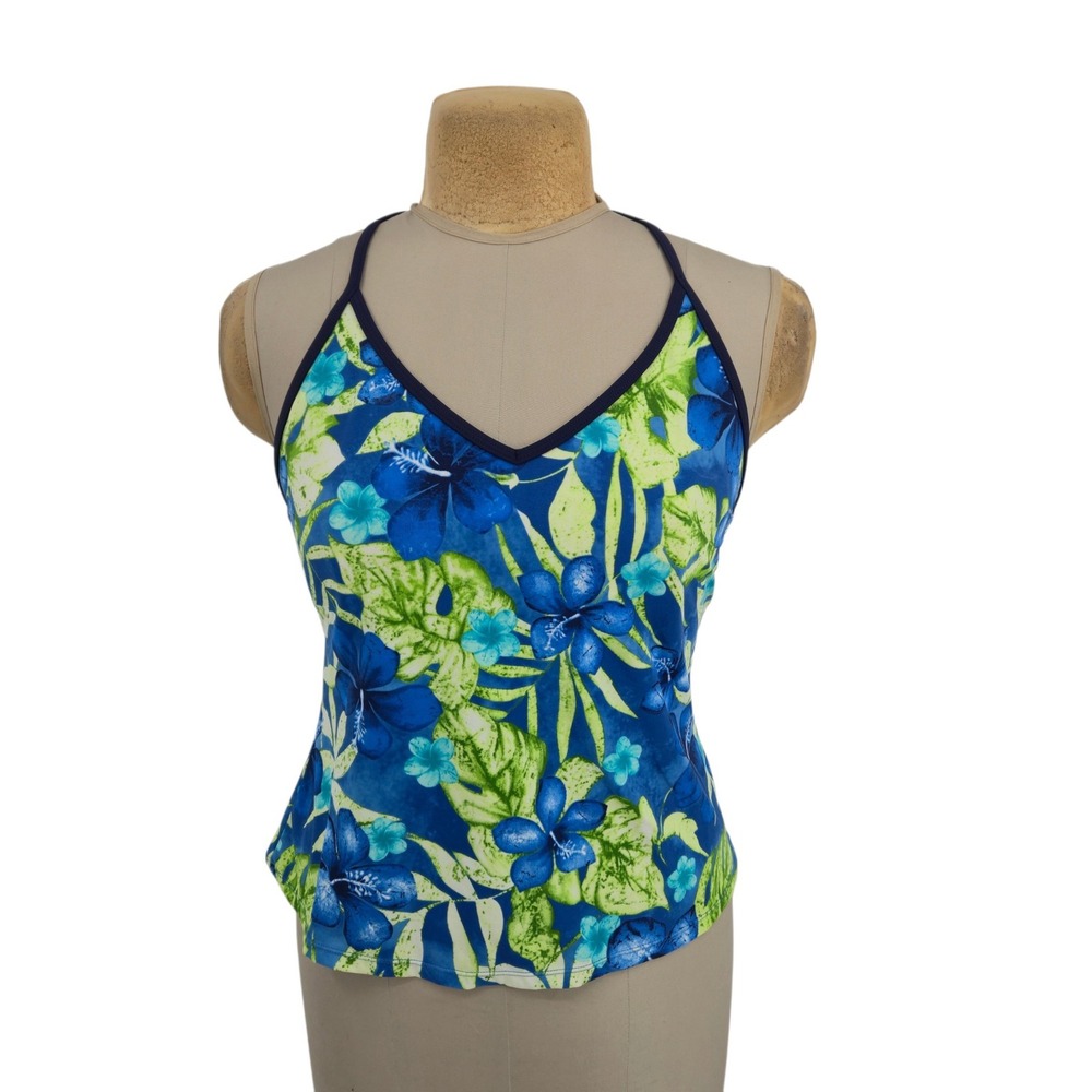 Jantzen Classics Swim Tankini Top Womens 10 Blue Floral Tropical V-Neck Beach